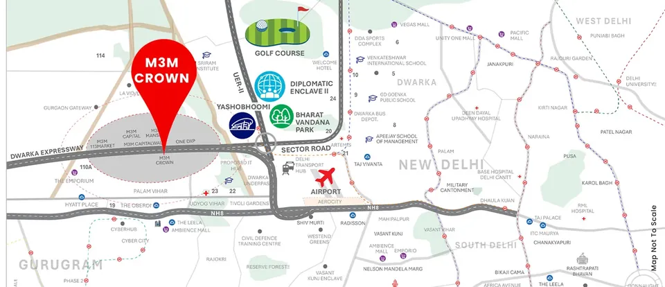 M3M Crown location map, Sector 111 on Dwarka Expressway near IGI Airport