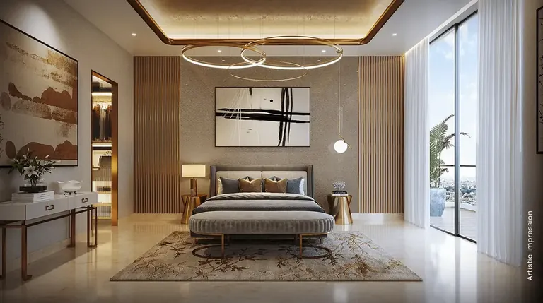 M3M Crown sample bedroom with full-height windows, artist's impression