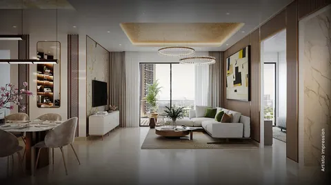 M3M Crown sample living and dining room opening to the balcony, artist's impression