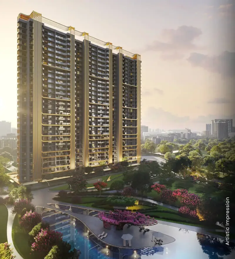 M3M Crown tower rising above the terraced gardens and water, artist's impression