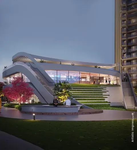 M3M Crown waterfront club with its curved roof and steps to the water, artist's impression