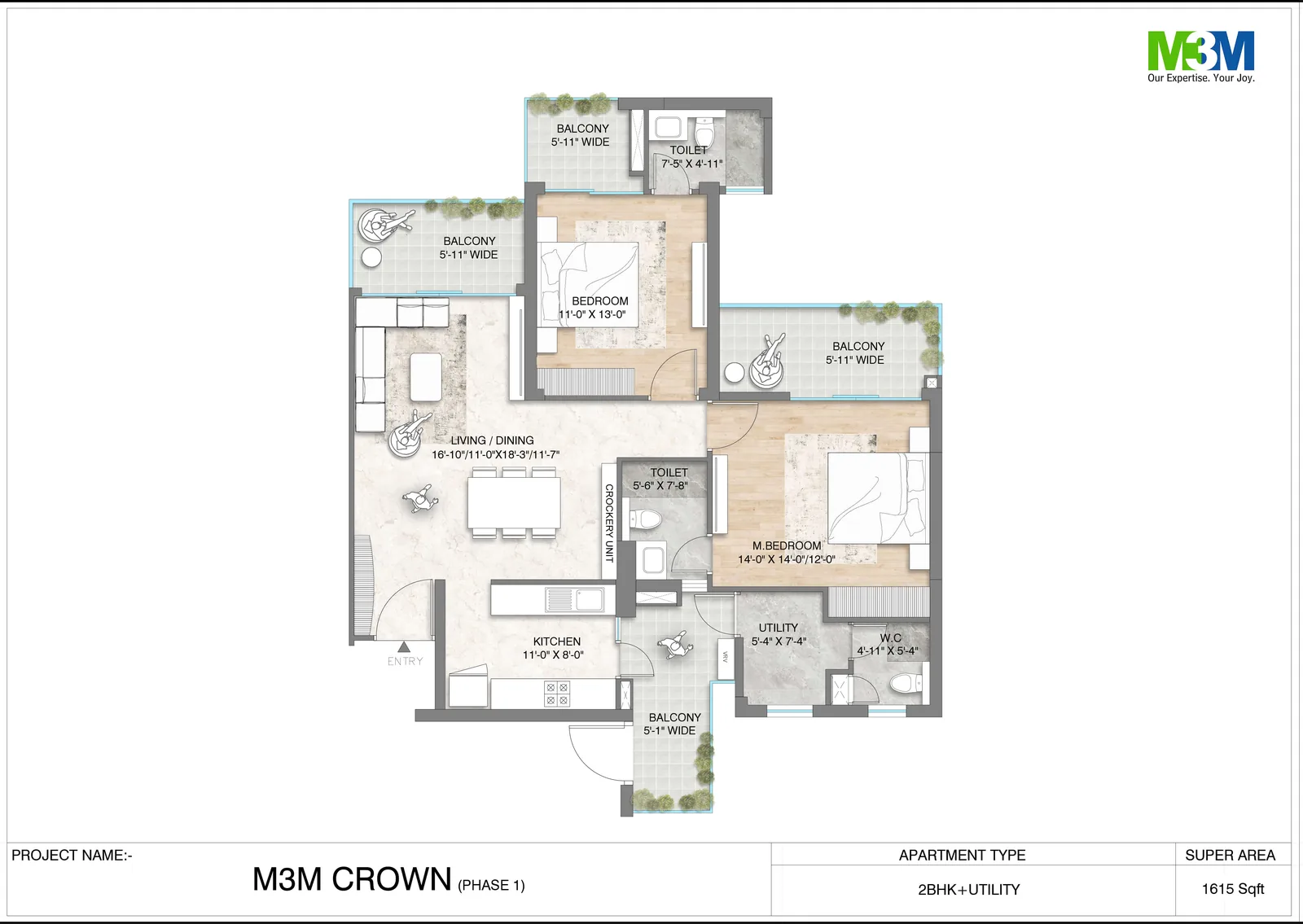M3M Crown 2 BHK + utility floor plan, 1,615 sq ft super area