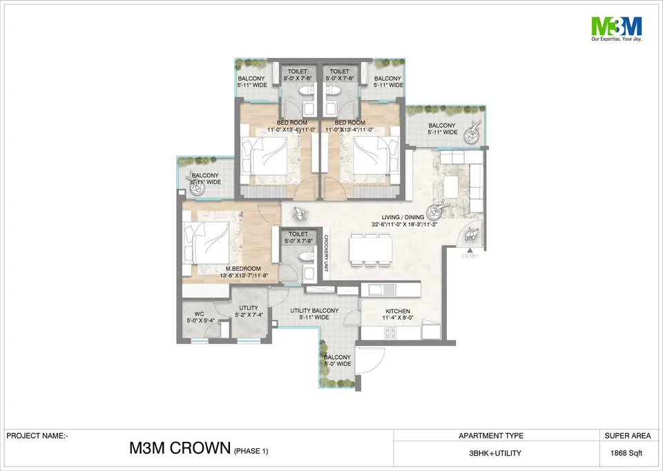 M3M Crown 3 BHK + utility floor plan, 1,868 sq ft super area