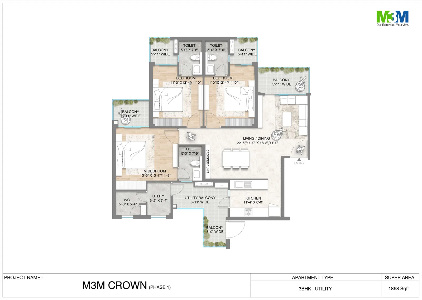 M3M Crown 3 BHK + utility floor plan, 1,868 sq ft super area