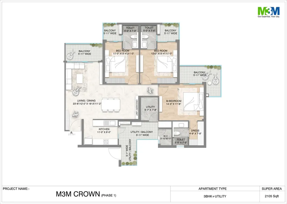M3M Crown 3 BHK + utility floor plan, 2,105 sq ft super area