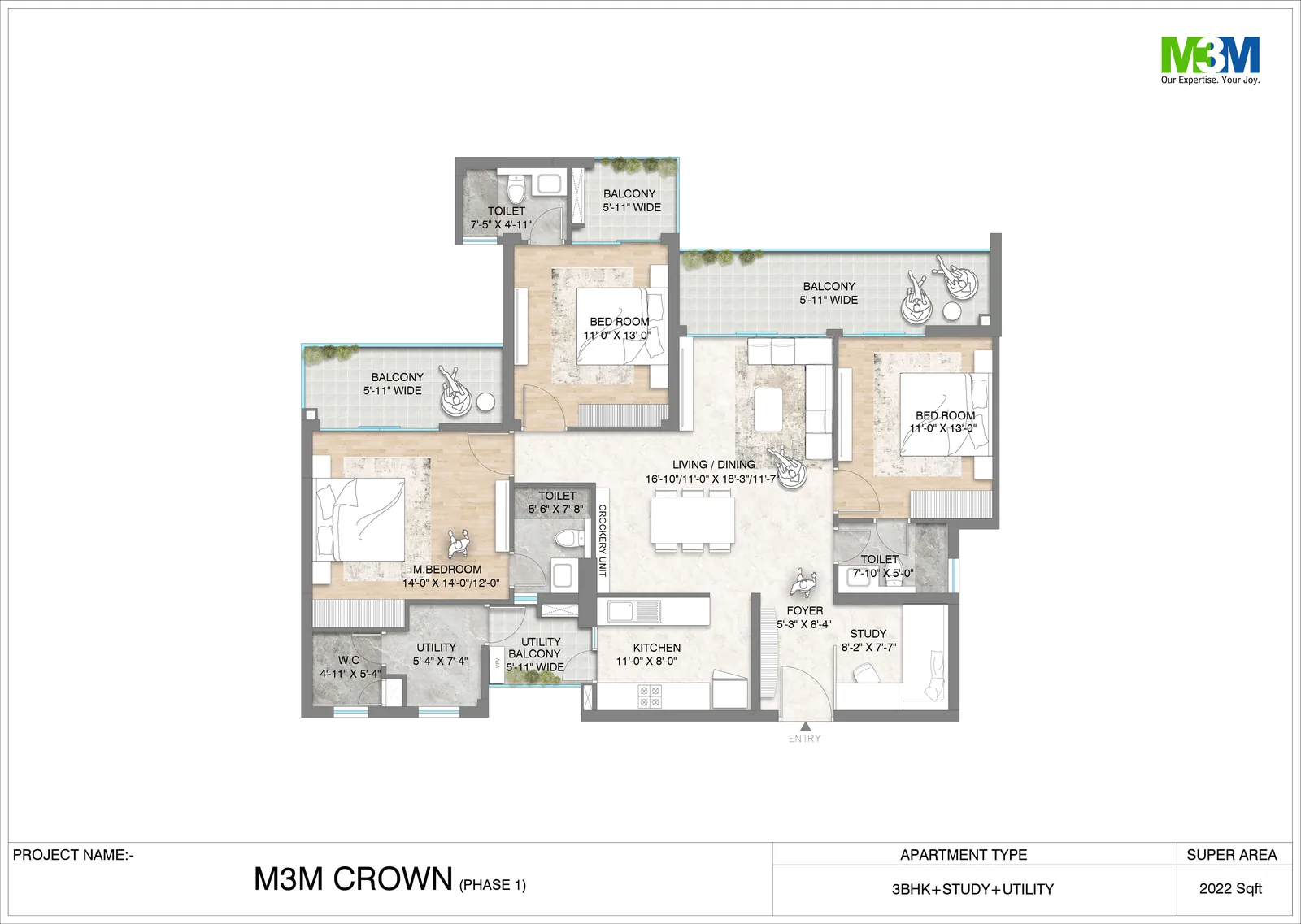 M3M Crown 3.5 BHK (3 BHK + study + utility) floor plan, 2,022 sq ft super area
