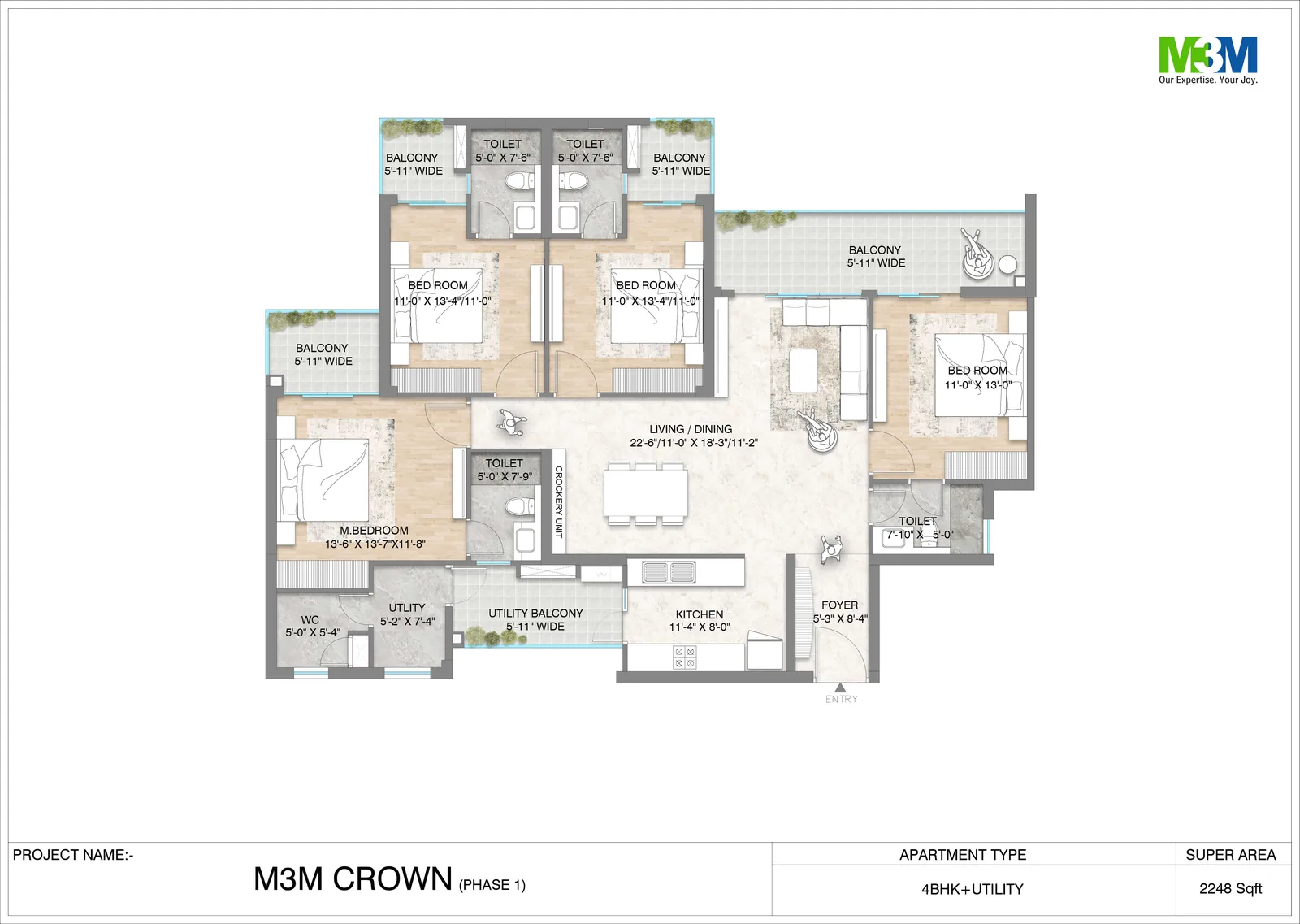 M3M Crown 4 BHK + utility floor plan, 2,248 sq ft super area
