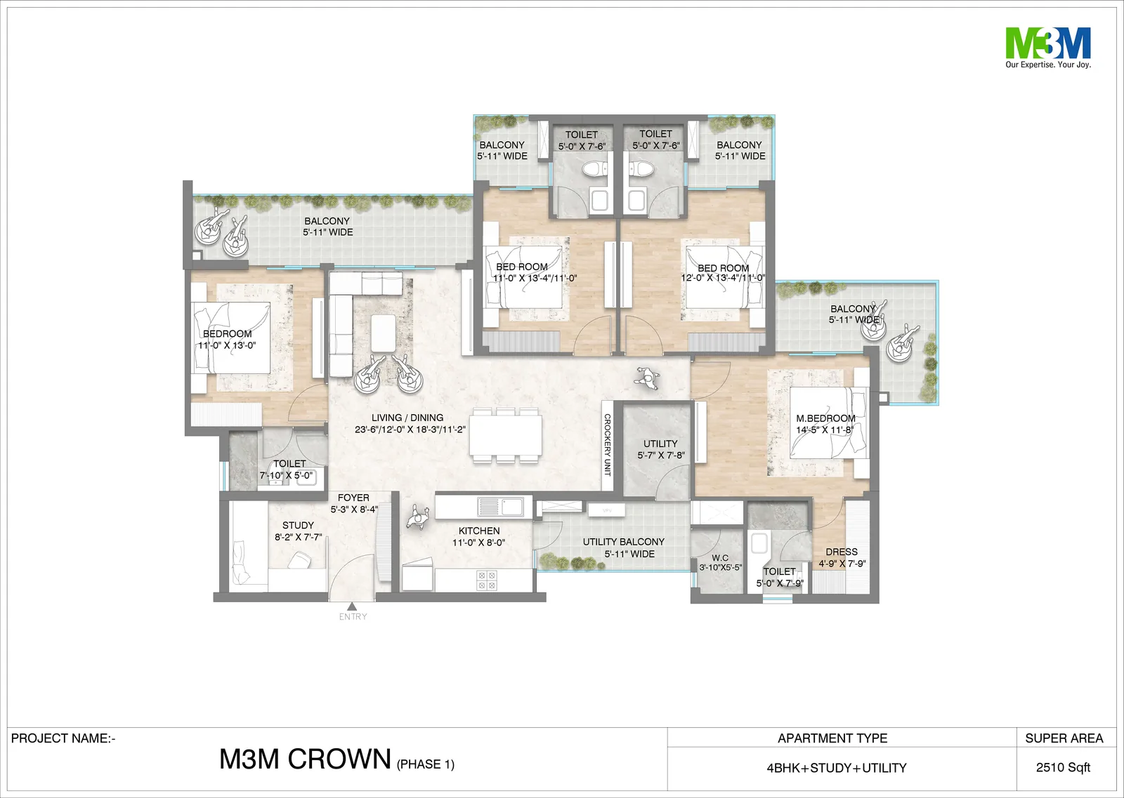 M3M Crown 4.5 BHK (4 BHK + study + utility) floor plan, 2,510 sq ft super area