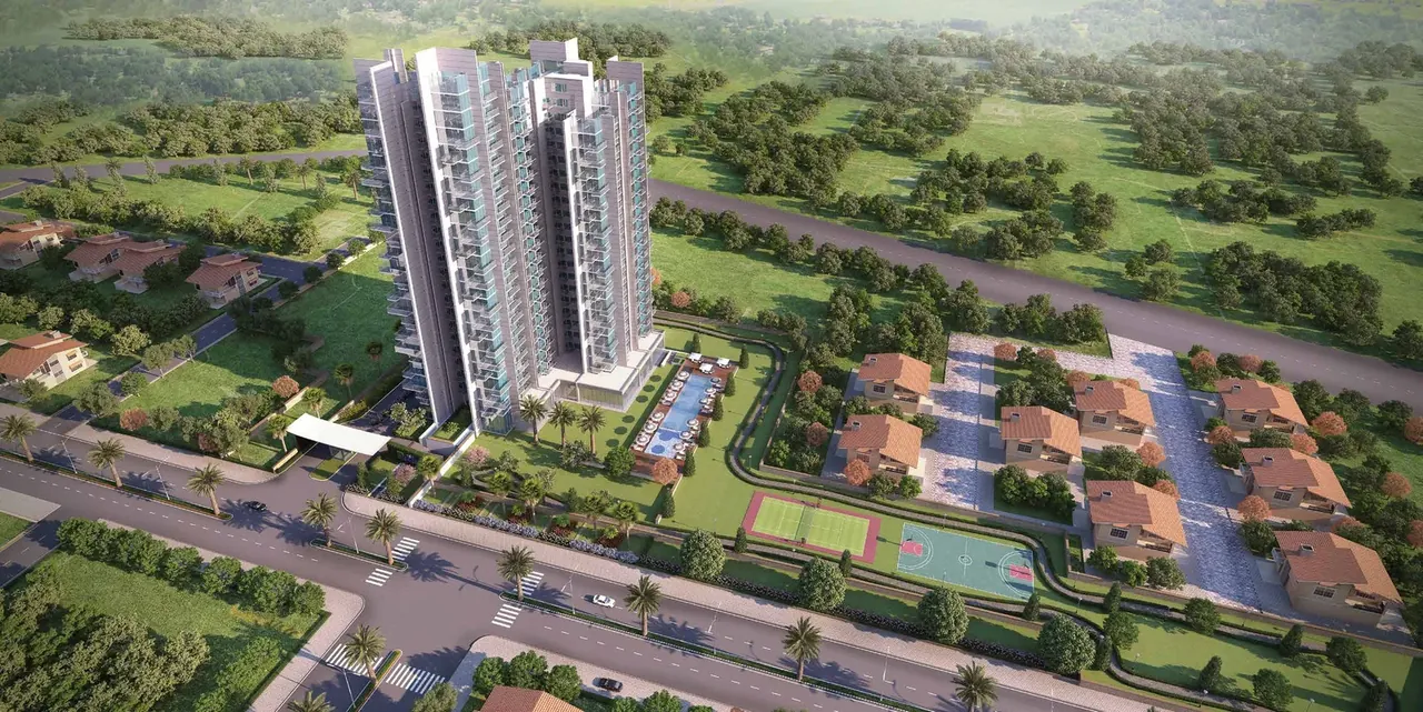 M3M Escala aerial view of the towers, courts and 24 m sector road, artist's impression