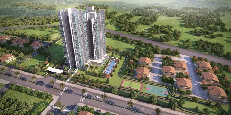 M3M Escala aerial view of the towers, courts and 24 m sector road, artist's impression