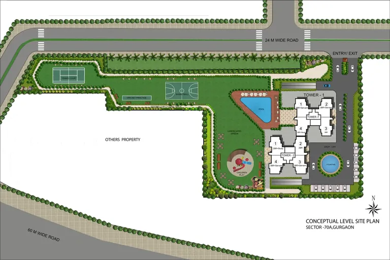 M3M Escala conceptual site plan with Tower 1, Tower 2, pool and courts