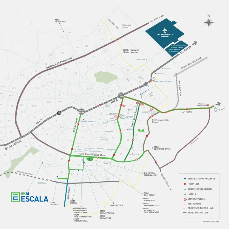 M3M Escala location map with Sohna Road, Golf Course Extension Road and 90 m road