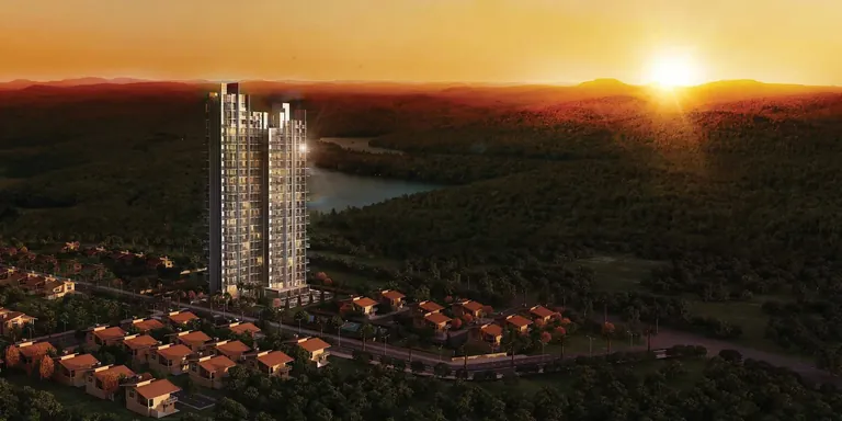 M3M Escala tower at sunset with Aravalli hills in the distance, artist's impression