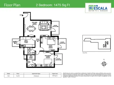 M3M Escala 2 BHK floor plan, 1,475 sq ft super area