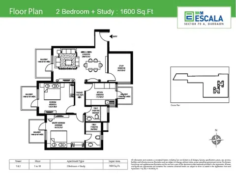 M3M Escala 2 BHK + study floor plan, 1,600 sq ft super area