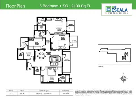 M3M Escala 3 BHK + servant floor plan, 2,100 sq ft super area