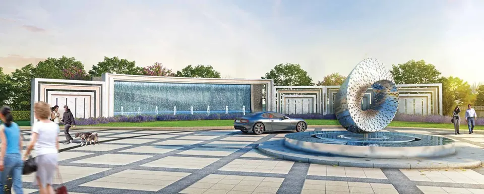 M3M Golfestate entrance plaza with a steel ring sculpture and water feature, artist's impression