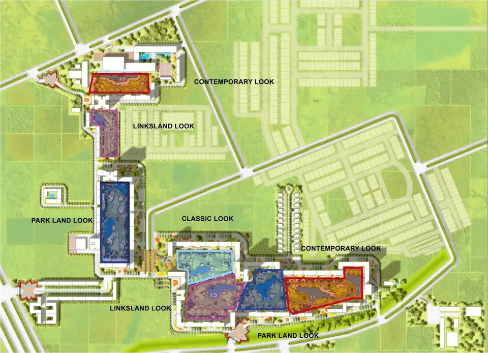 M3M Golfestate master plan showing the tower clusters around the 9-hole golf course