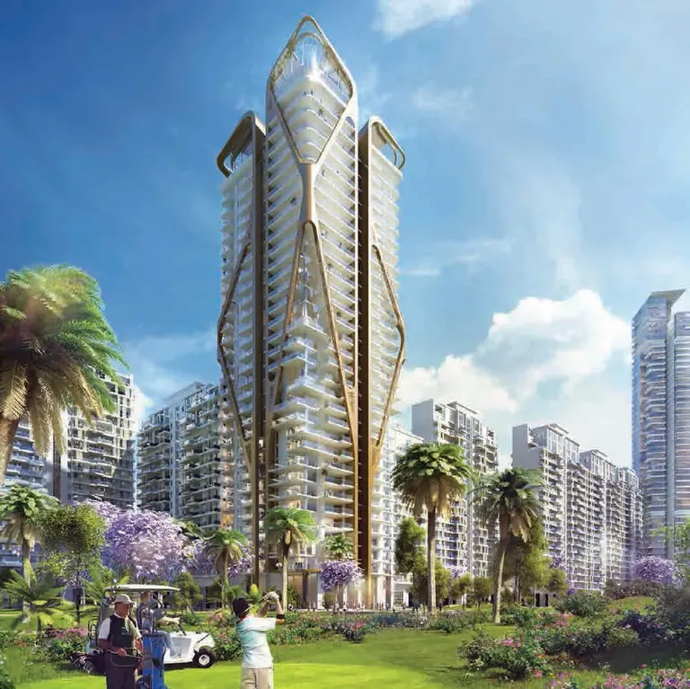 M3M Golfestate St Andrews tower with its curved crown seen from the greens, artist's impression