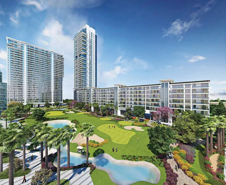 M3M Golfestate towers above palm-lined greens and water bodies, artist's impression