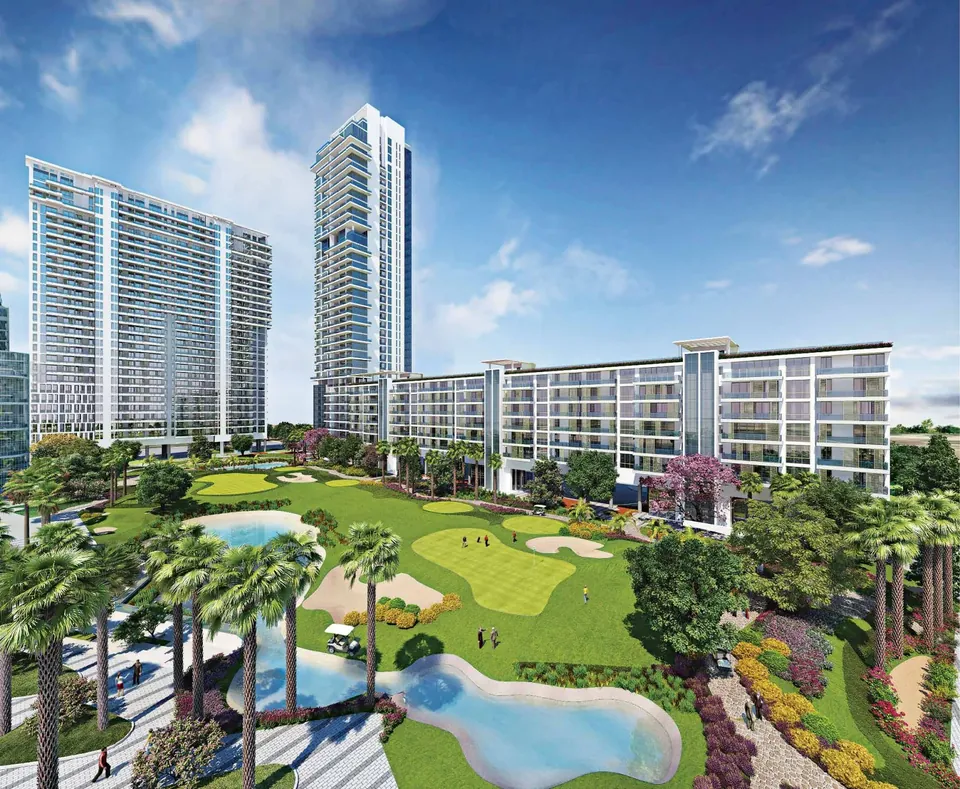 M3M Golfestate towers above palm-lined greens and water bodies, artist's impression