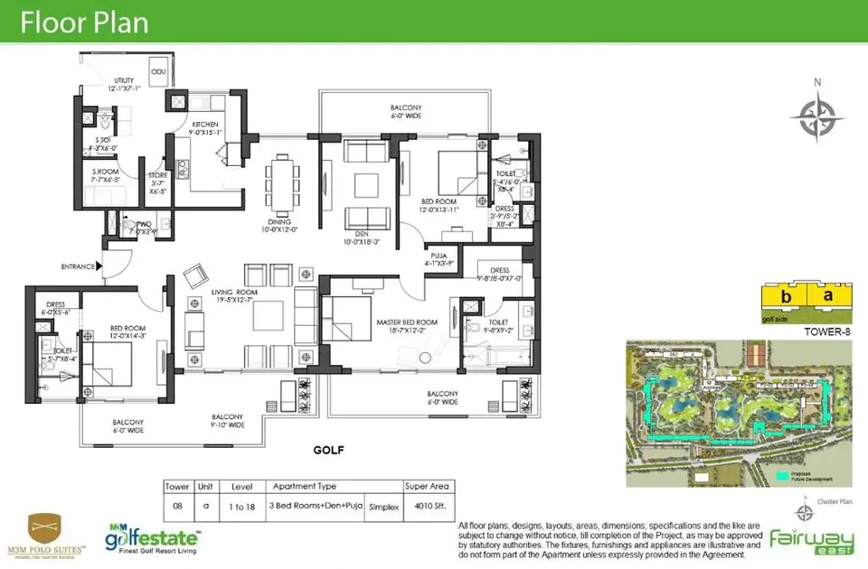 M3M Golf Estate 3 BHK flat floor plan, 4,010 sq ft super area
