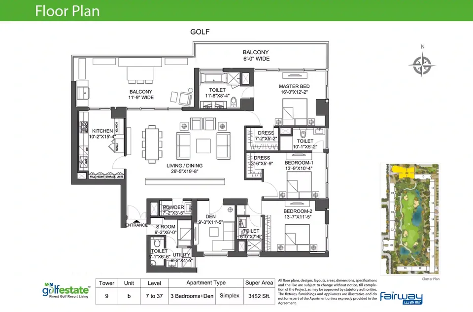 M3M Golf Estate 3 BHK flat floor plan, 3,452 sq ft super area