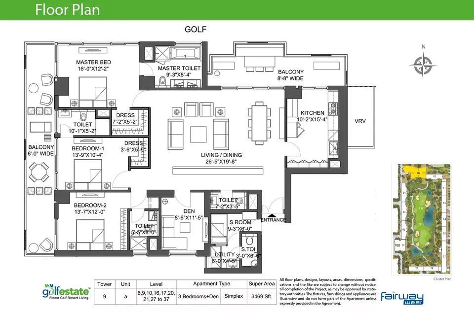 M3M Golf Estate 3 BHK flat floor plan, 3,469 sq ft super area