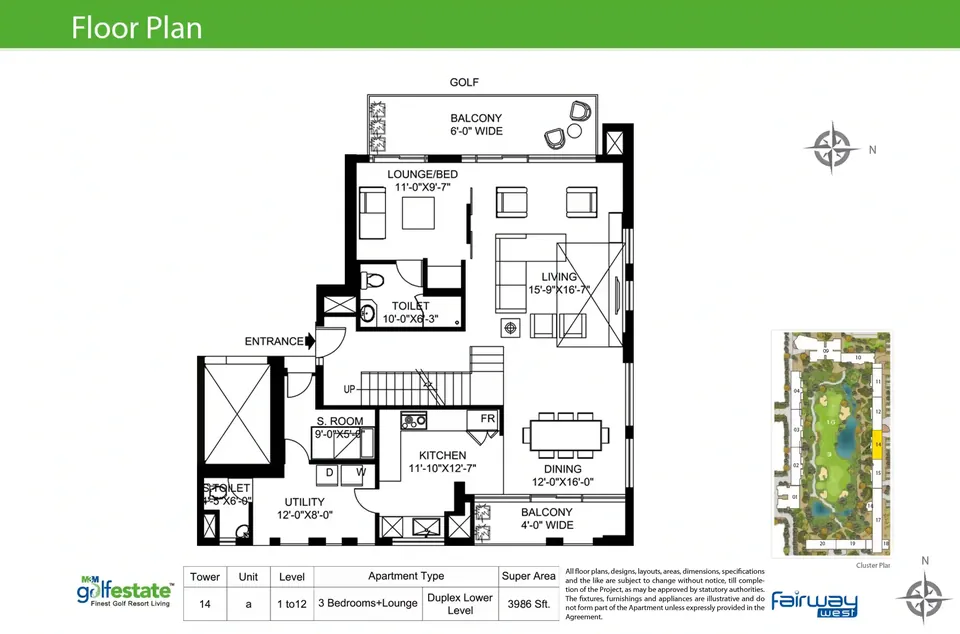M3M Golf Estate 3 BHK flat floor plan, 3,986 sq ft super area