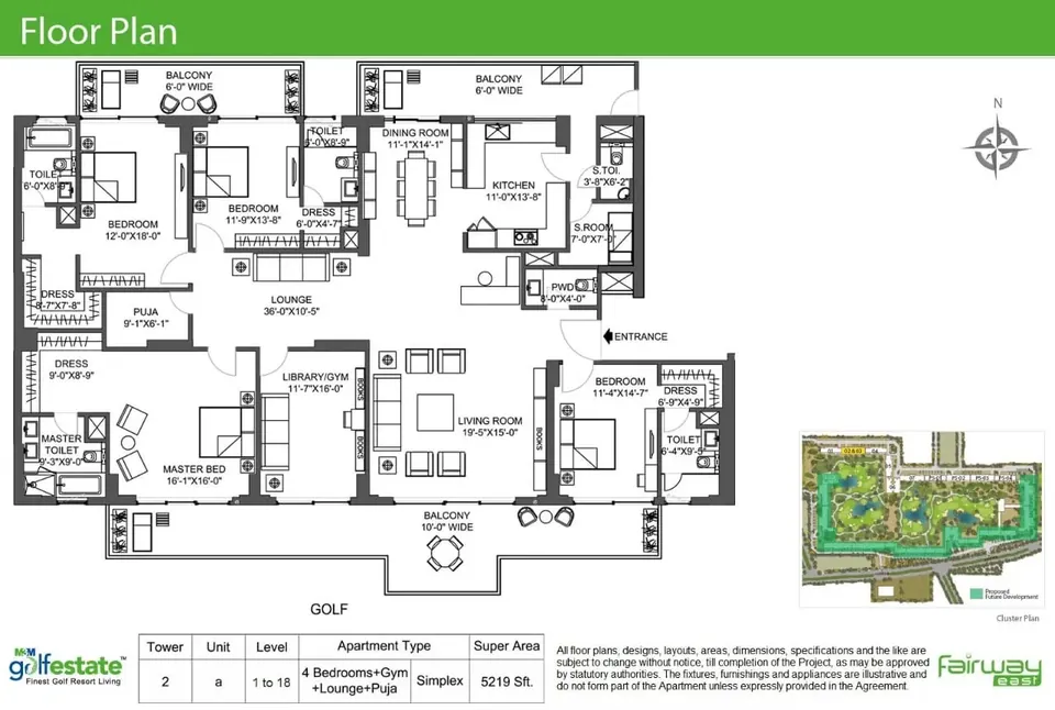 M3M Golf Estate 4 BHK flat floor plan, 5,219 sq ft super area