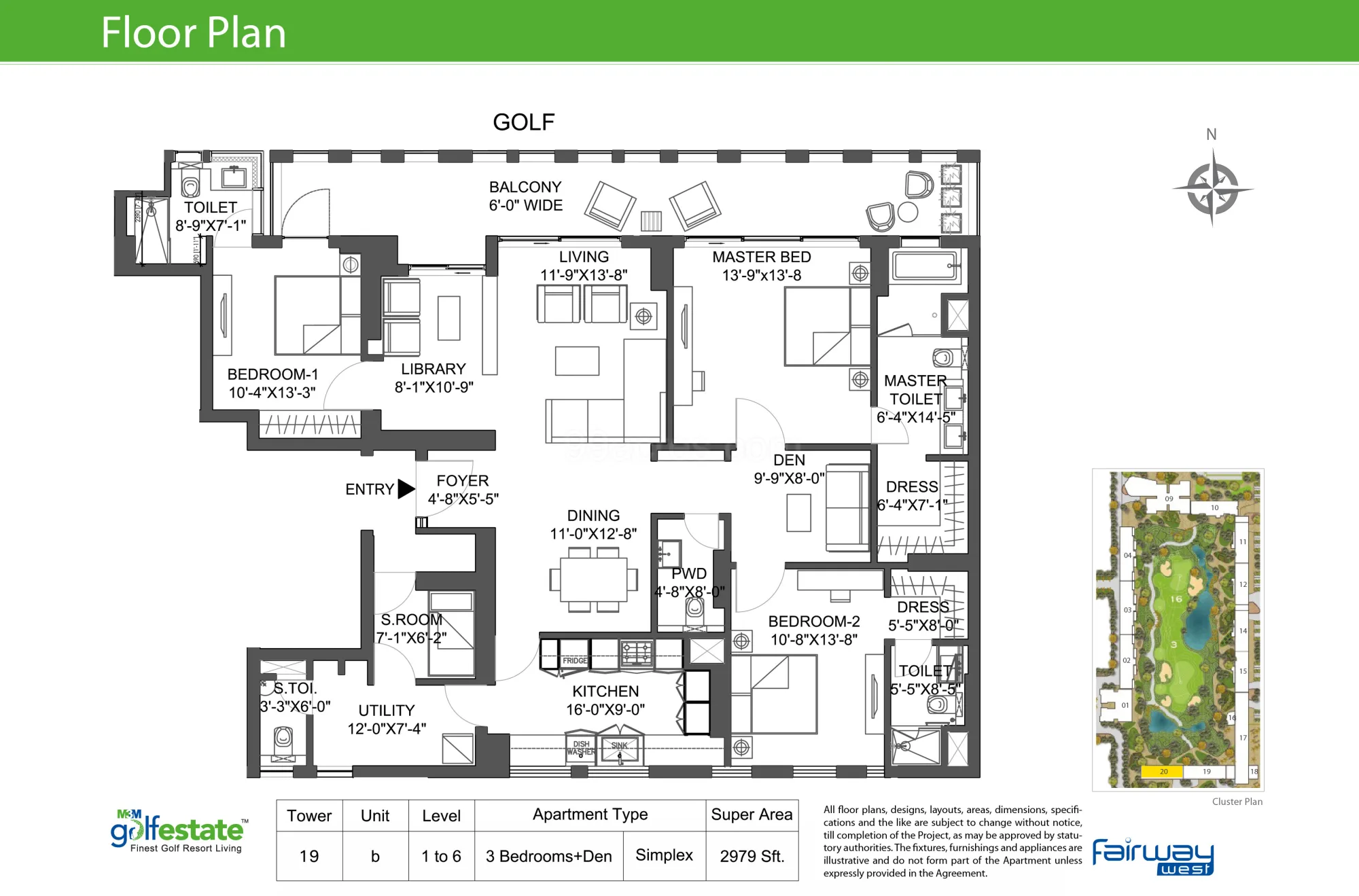 M3M Golfestate 3 BHK floor plan, 2,979 sq ft, super area