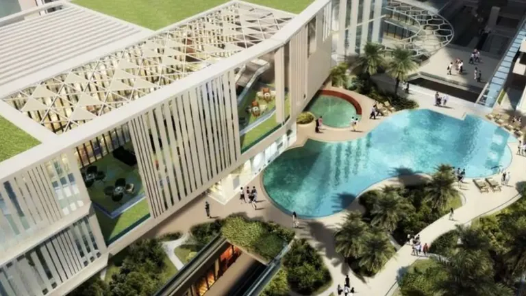 M3M Heights podium swimming pool and green roofs between the buildings, artist's impression