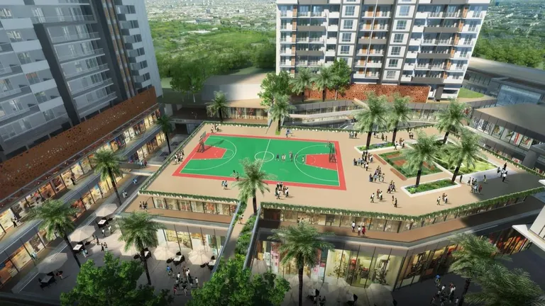M3M Heights podium basketball court surrounded by palms and seating, artist's impression