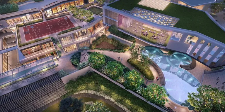 M3M Heights podium gardens, pools and sports court in the evening, artist's impression