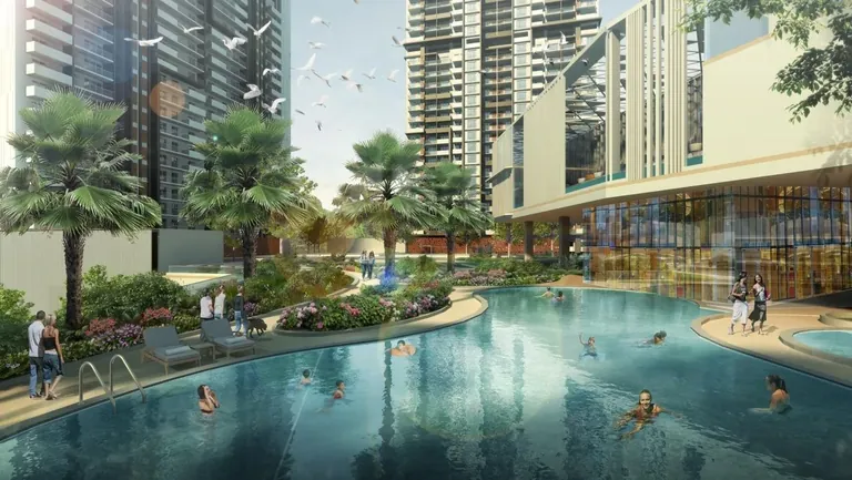 M3M Heights podium swimming pool edged with palms between the towers, artist's impression