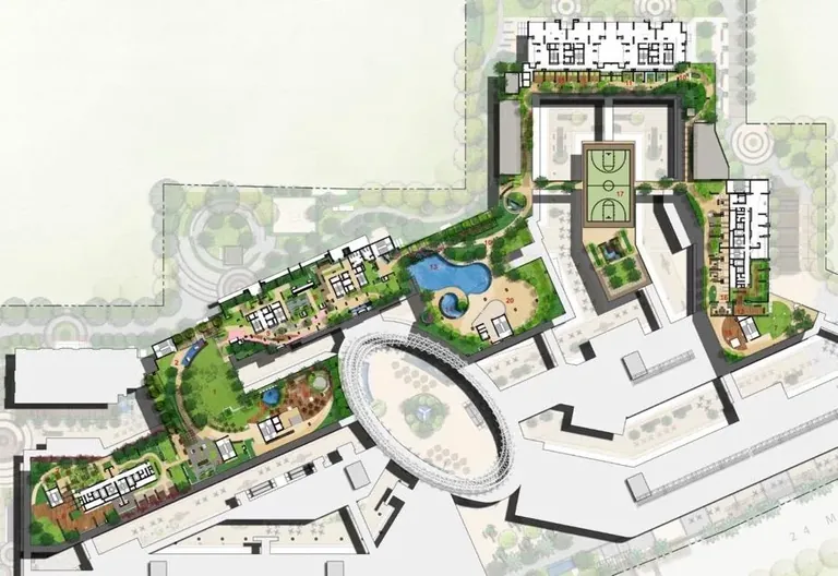 M3M Heights site plan showing the towers, podium gardens, pool and sports court