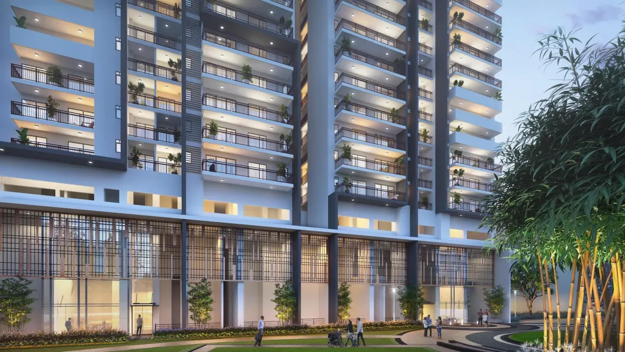 M3M Heights tower base and balconies seen from the landscaped walkway, artist's impression