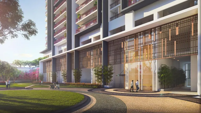 M3M Heights tower entrance with timber screens facing a curved lawn, artist's impression