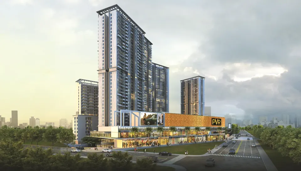M3M Heights towers rising above the M3M 65th Avenue retail podium, artist's impression