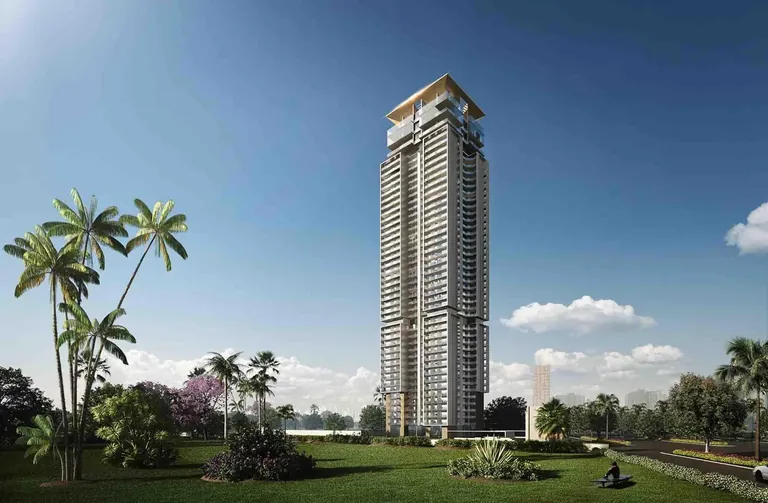 M3M Latitude single residential tower rising behind palm-lined lawns, artist's impression