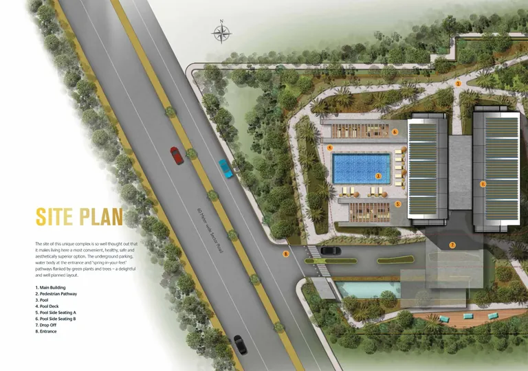 M3M Latitude site plan showing the tower, pool and landscaping beside the sector road