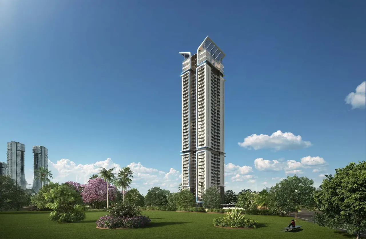 M3M Latitude tower seen across open parkland under a blue sky, artist's impression