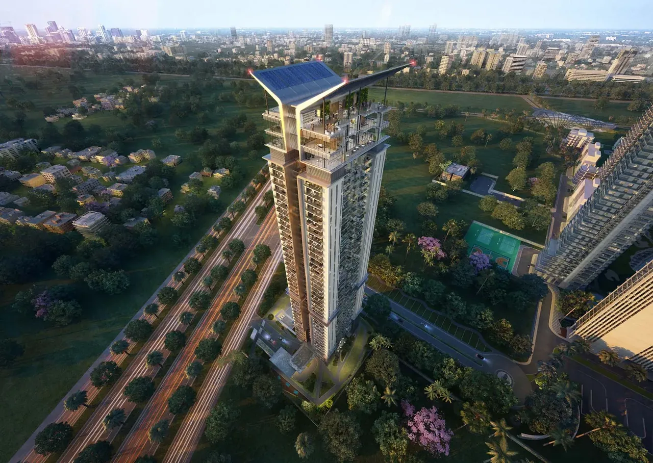 M3M Latitude tower seen from above with the green belt and roads of Sector 65, artist's impression