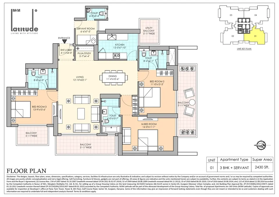 M3M Latitude 3 BHK floor plan, 2,430 sq ft, super area
