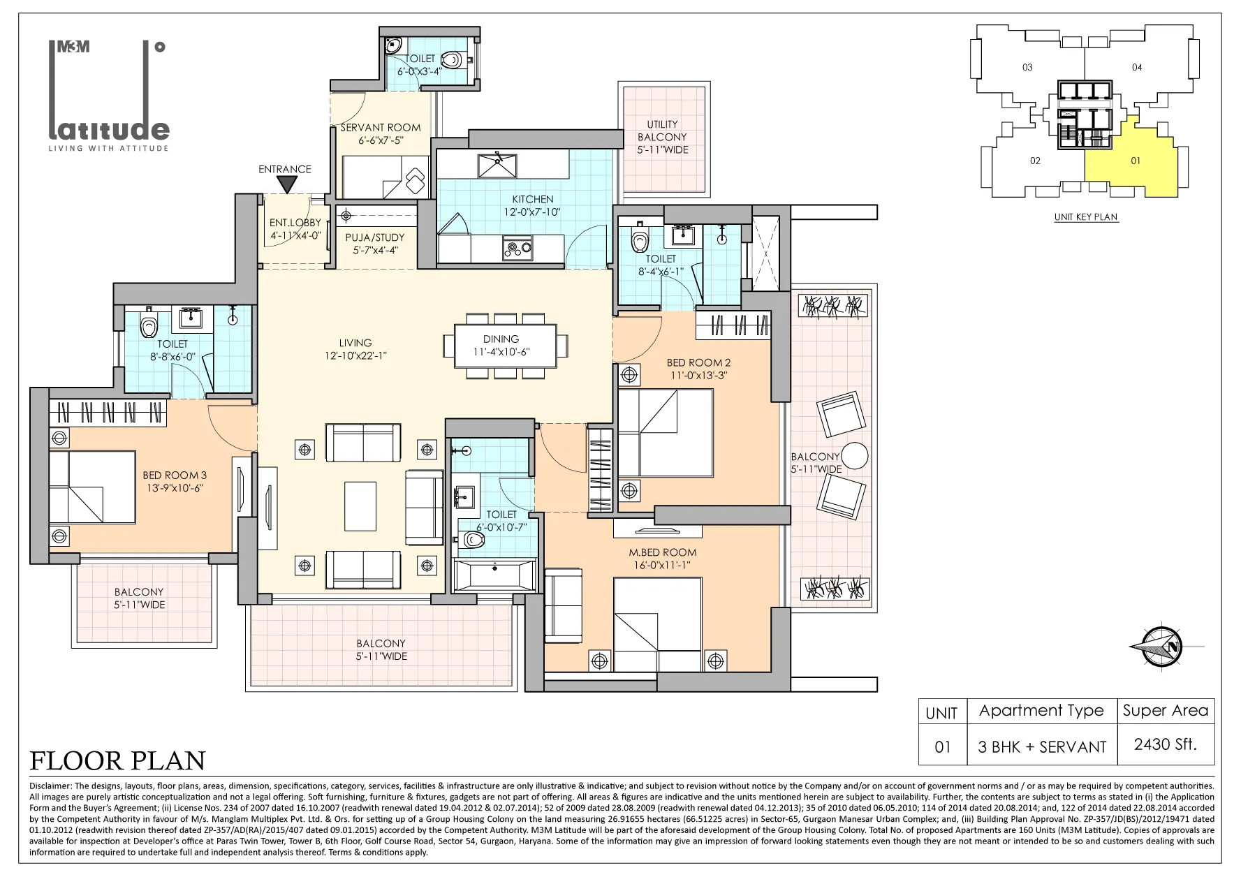 M3M Latitude 3 BHK floor plan, 2,430 sq ft, super area