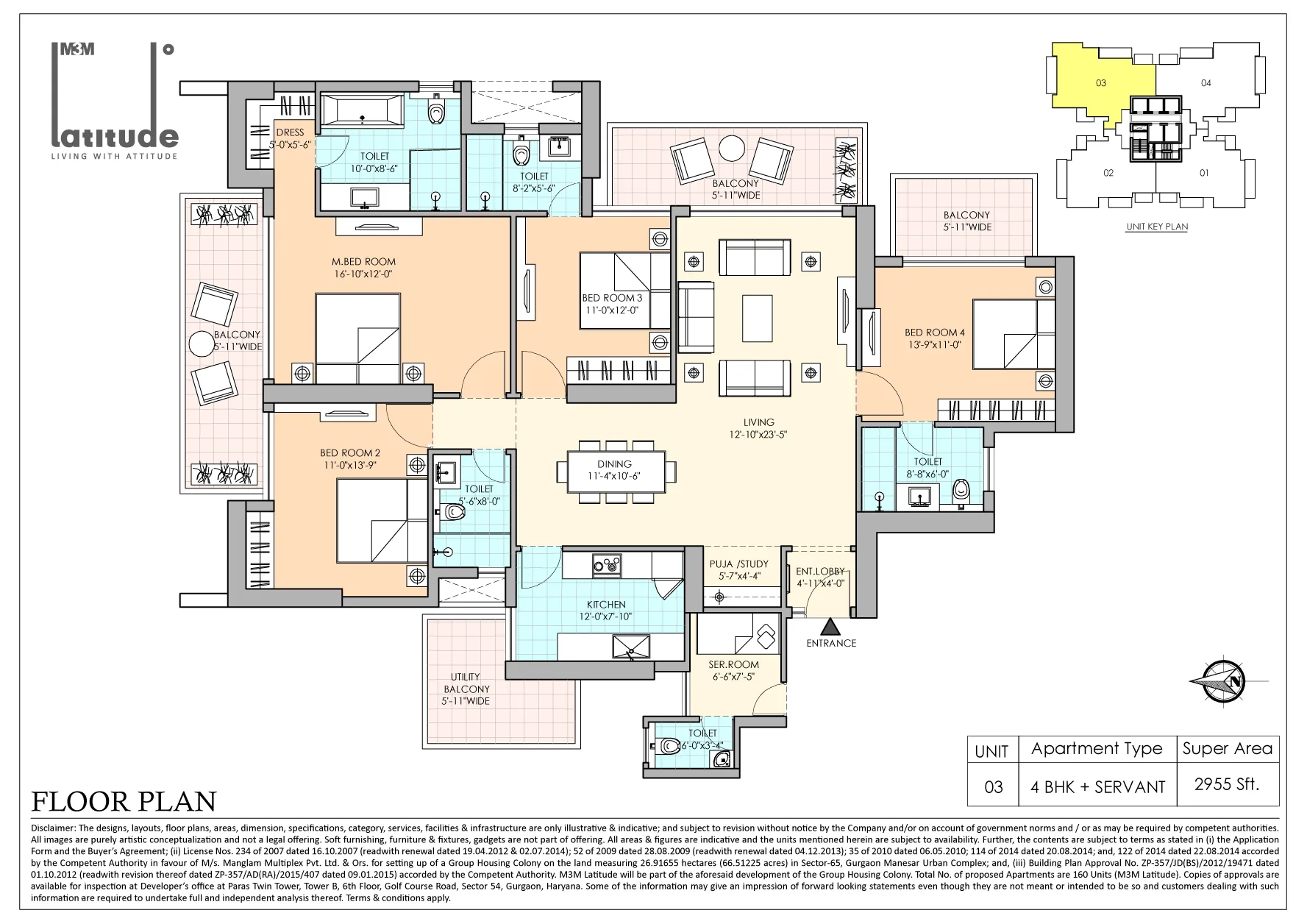 M3M Latitude 4 BHK floor plan, 2,955 sq ft, super area
