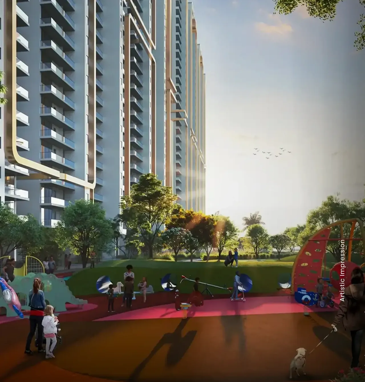 M3M Mansion children's play court below the towers, artist's impression