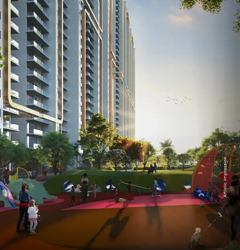 M3M Mansion children's play court below the towers, artist's impression