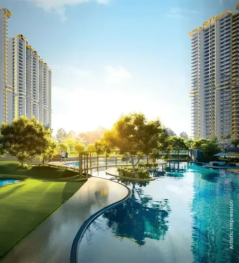 M3M Mansion lagoon-style pool with the towers behind at sunset, artist's impression
