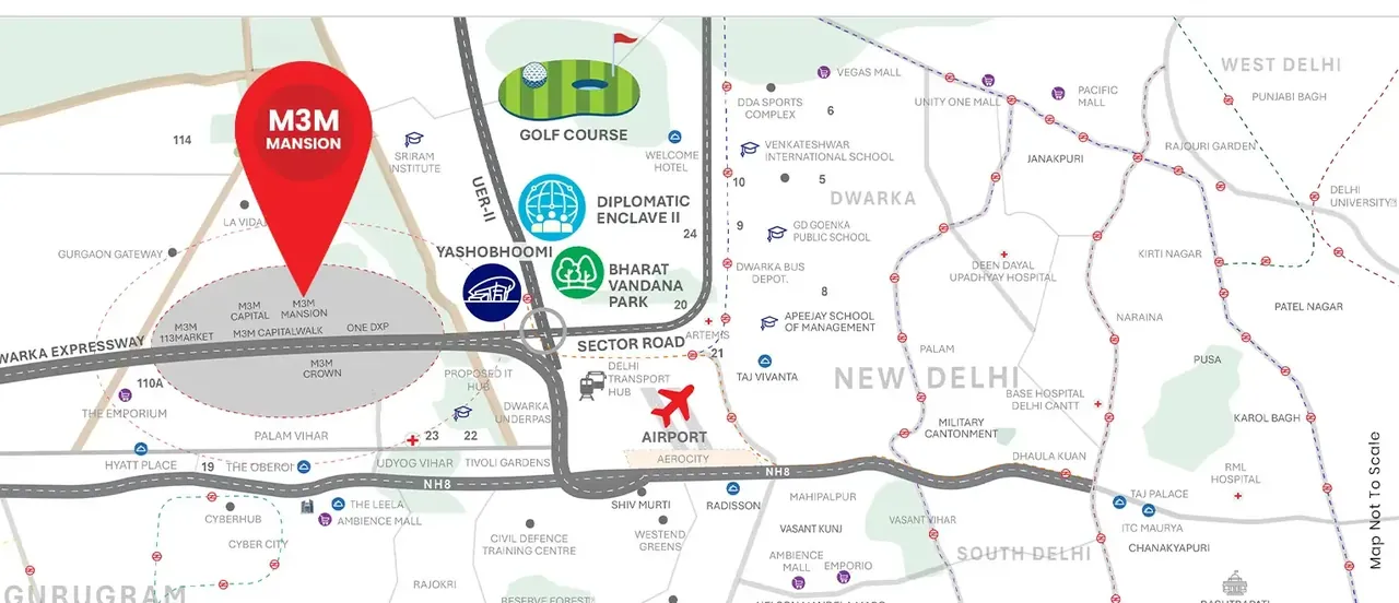 M3M Mansion location map, Sector 113 on Dwarka Expressway near IGI Airport and the Diplomatic Enclave